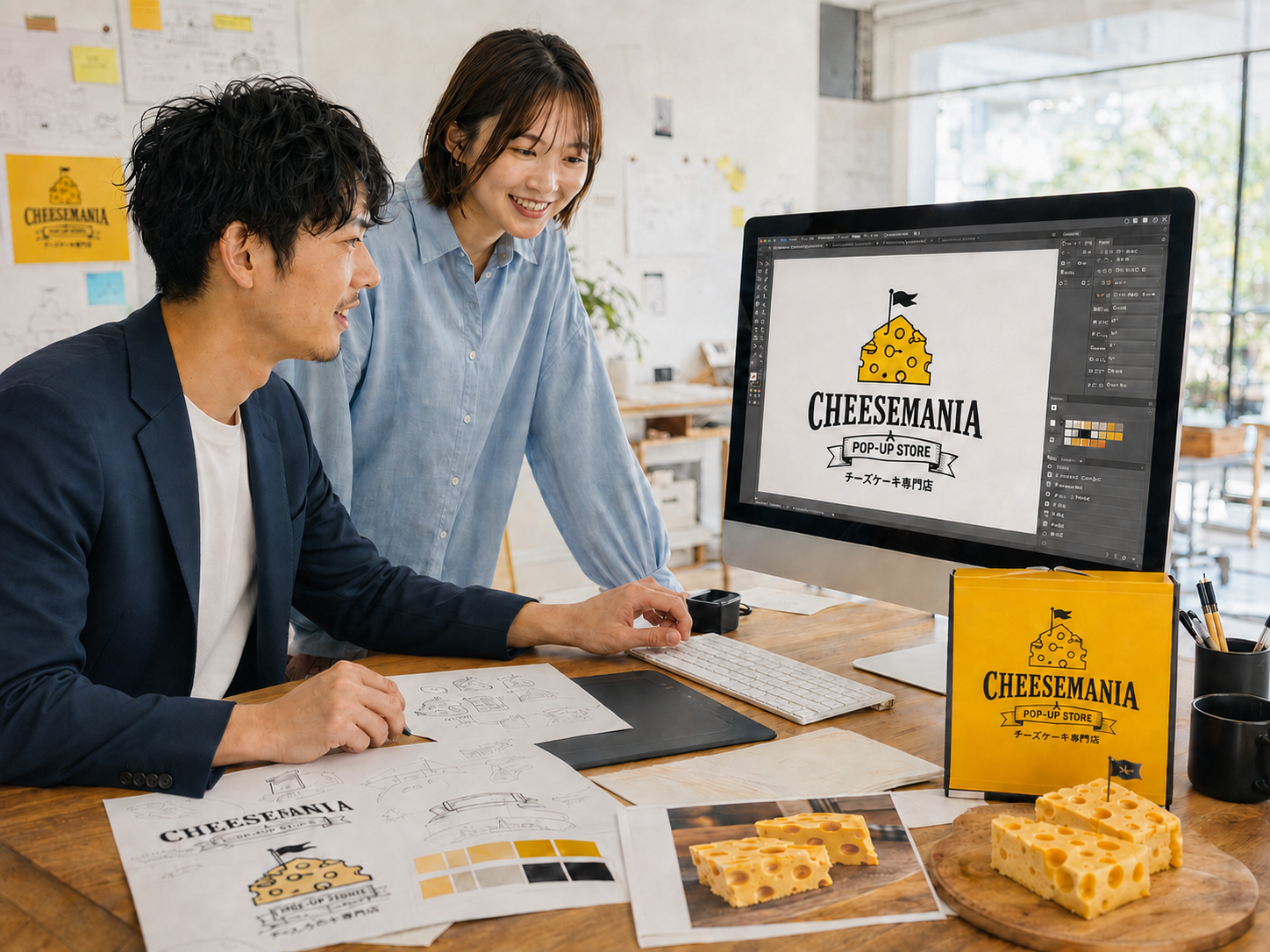 パソコンでチーズマニアのロゴとブランドを制作する風景