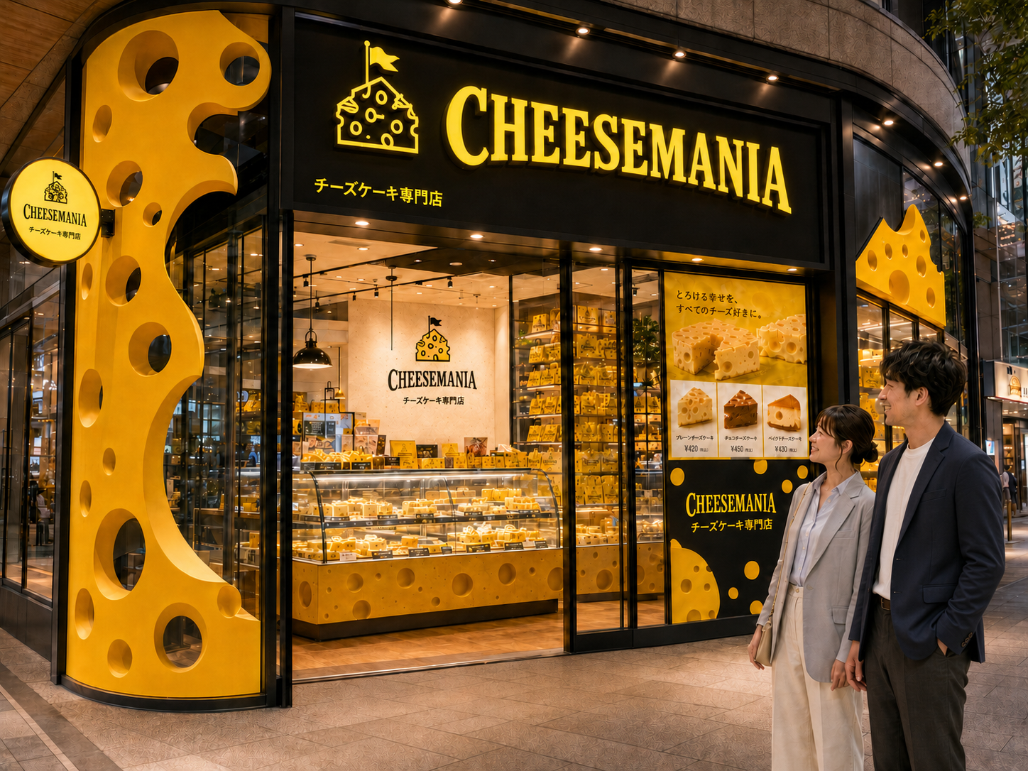 完成したチーズマニアの常設店舗を確認する風景
