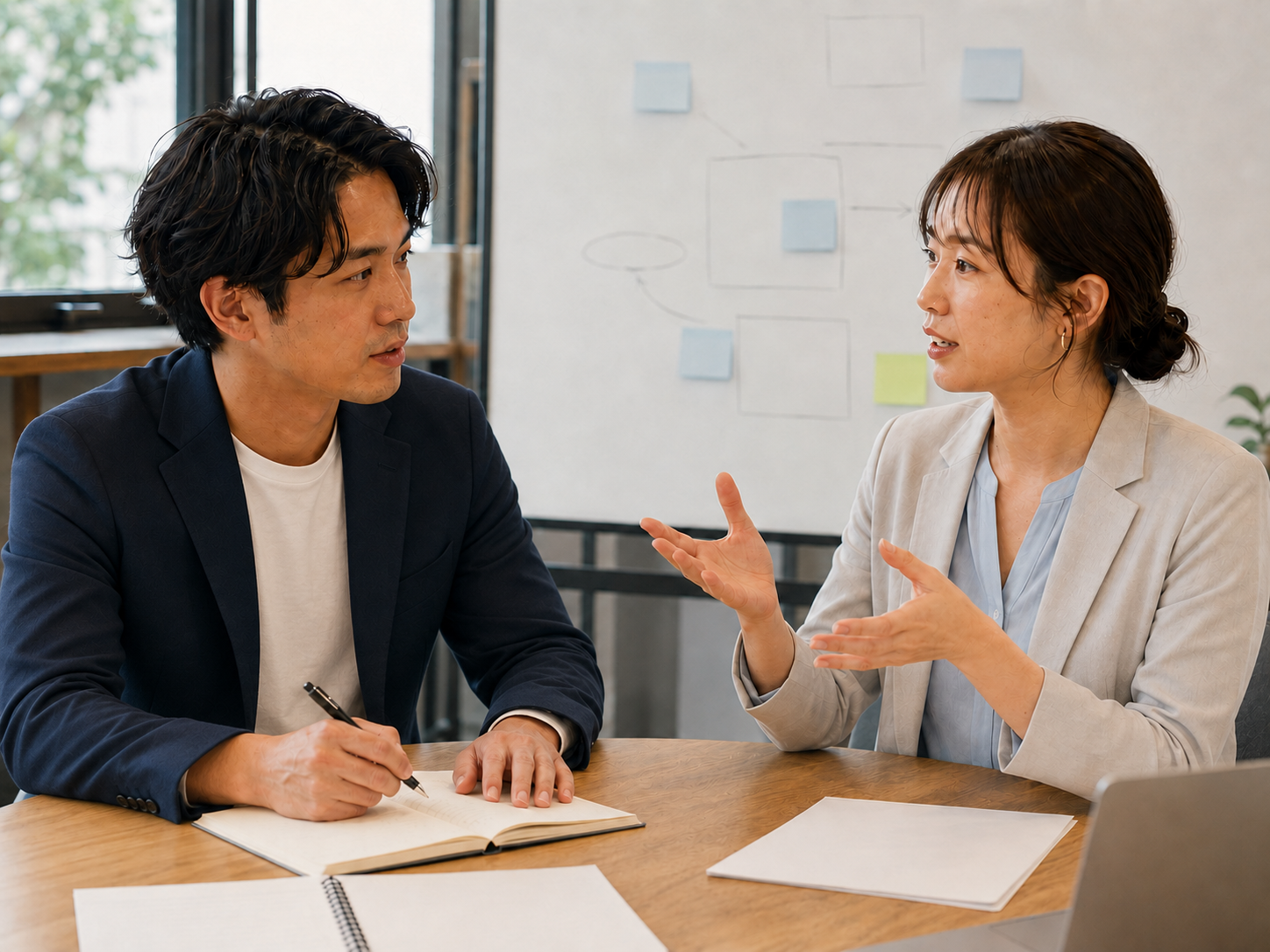ブランドが生まれる前にノートへ記録しながら真剣に話を聞く風景